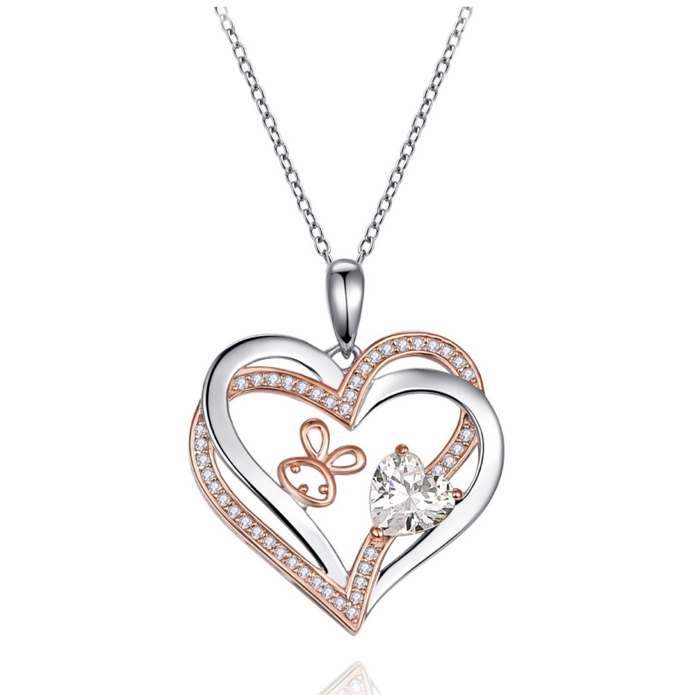 HLETY 925 Sterling Silver Rabbit Necklace Double Heart Pendant Cubic Zirconia